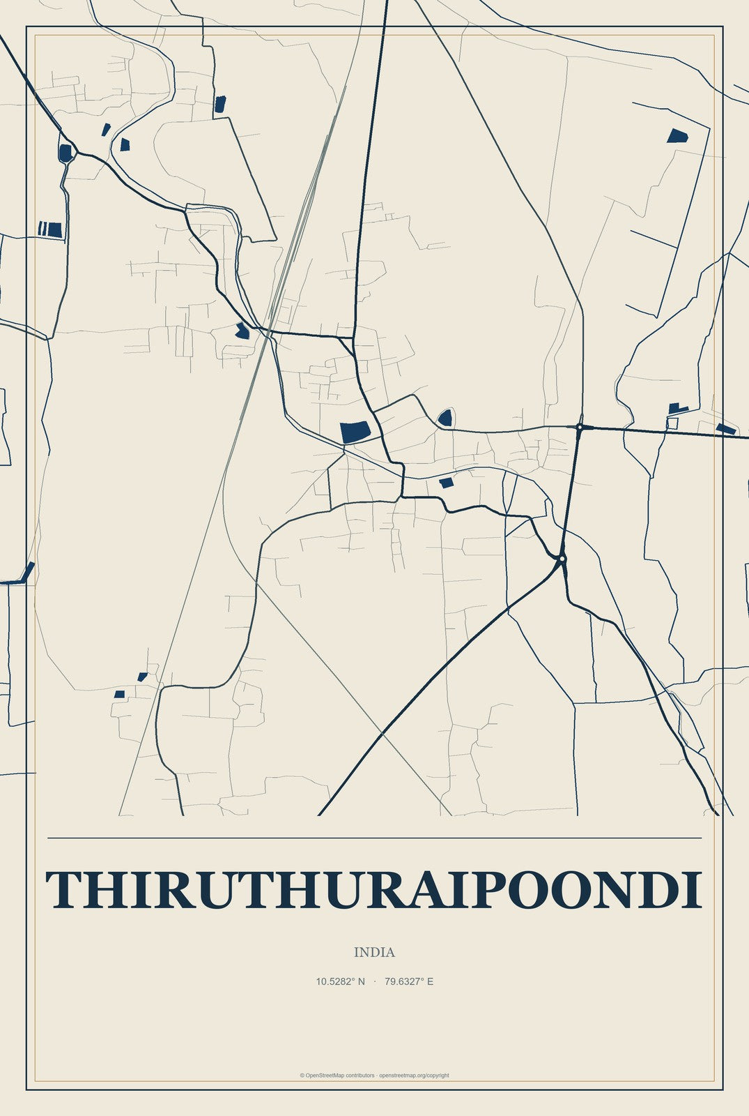 Thiruthuraipoondi, India City Map Aluminum Sign in Coastal Cutout style