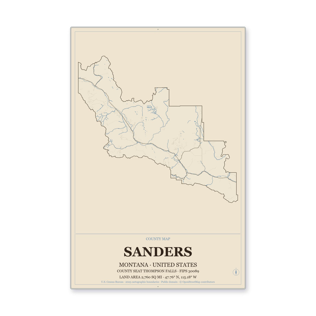 Sanders County, Montana Map Aluminum Sign in Heritage Nautical style
