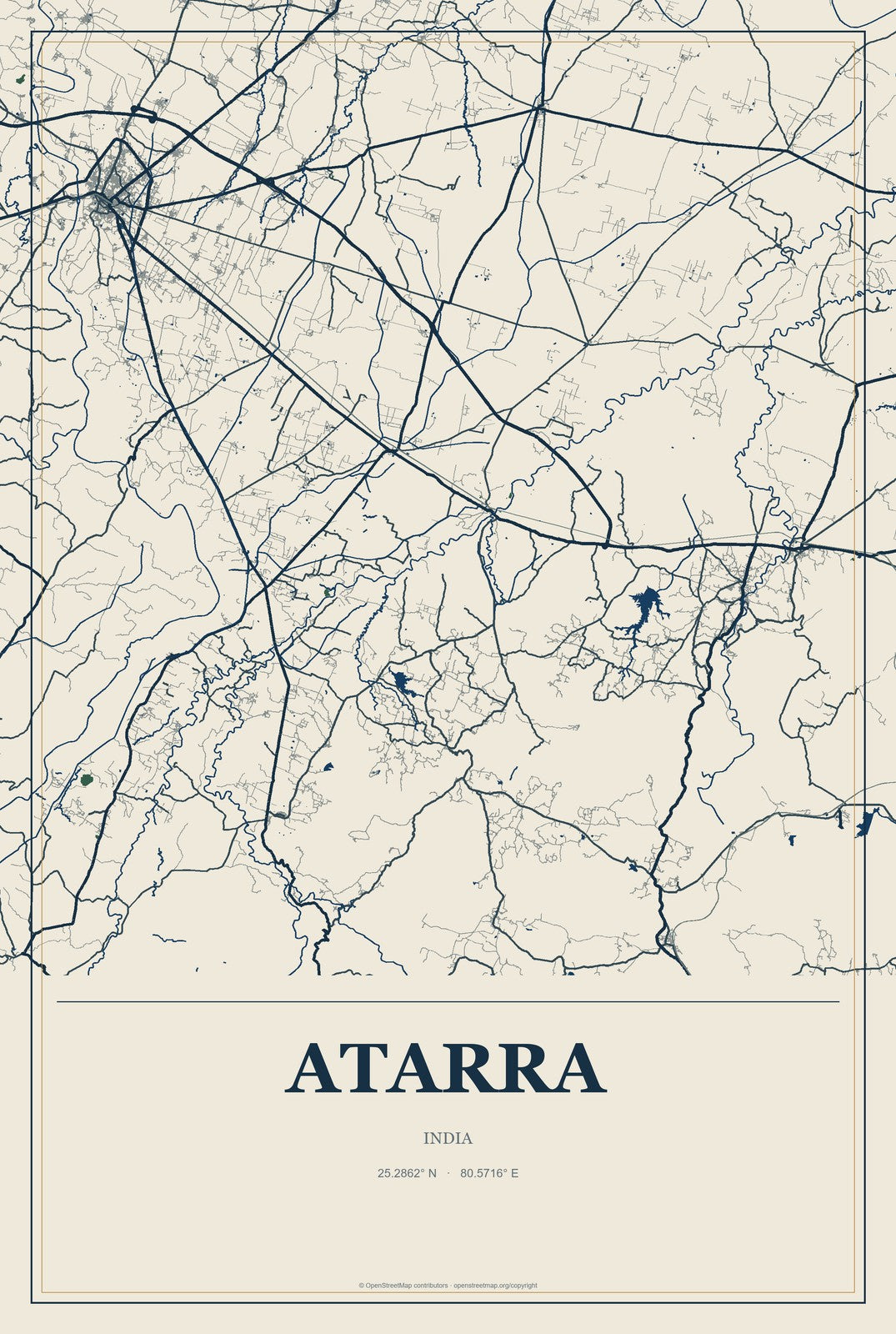 Atarra, India City Map Aluminum Sign in Coastal Cutout style