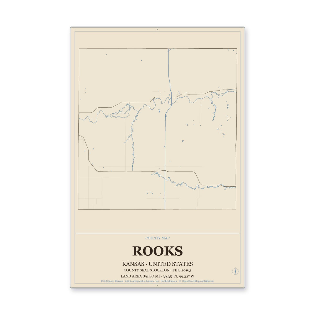 Rooks County, Kansas Map Aluminum Sign in Heritage Nautical style