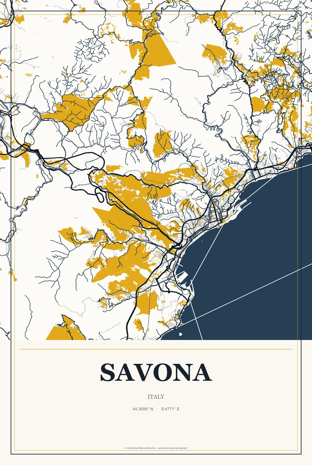 Savona, Italy City Map Aluminum Sign in Citrine Modern style