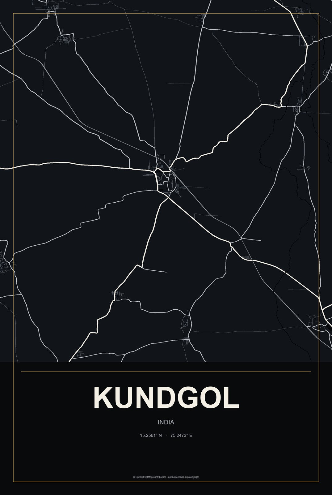 Kundgol, India City Map Aluminum Sign in Metropolitan Noir style