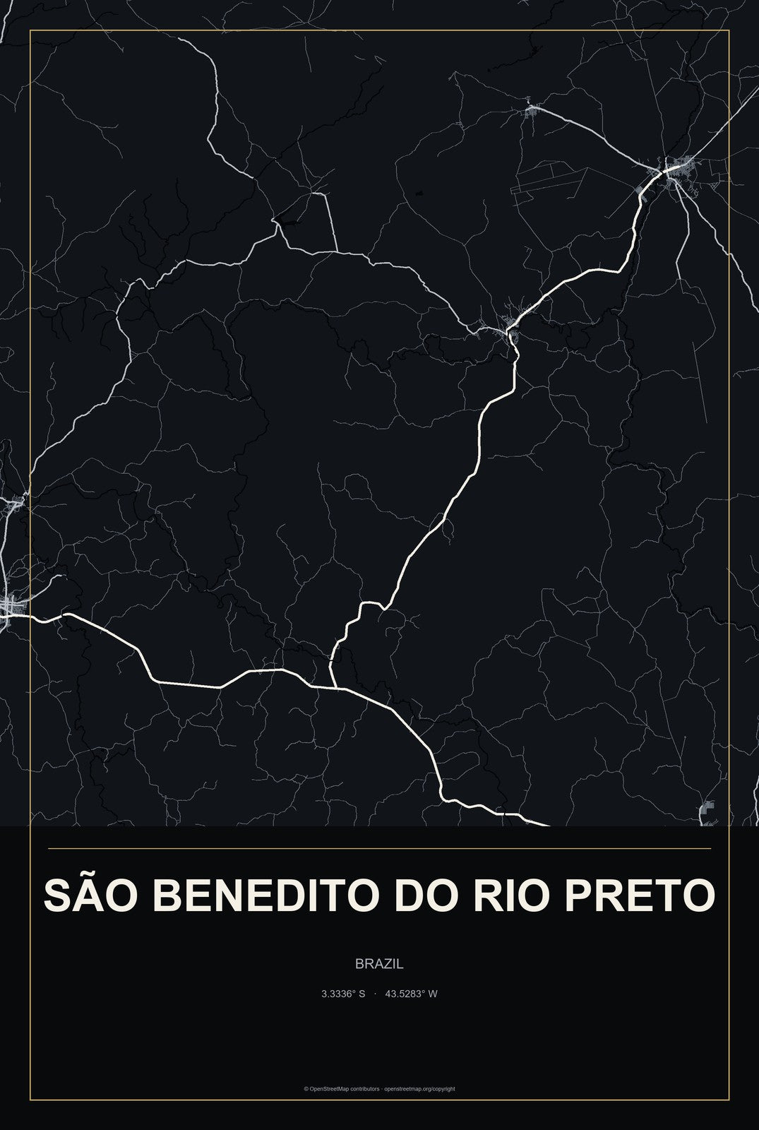 São Benedito do Rio Preto, Brazil City Map Aluminum Sign in Metropolitan Noir style