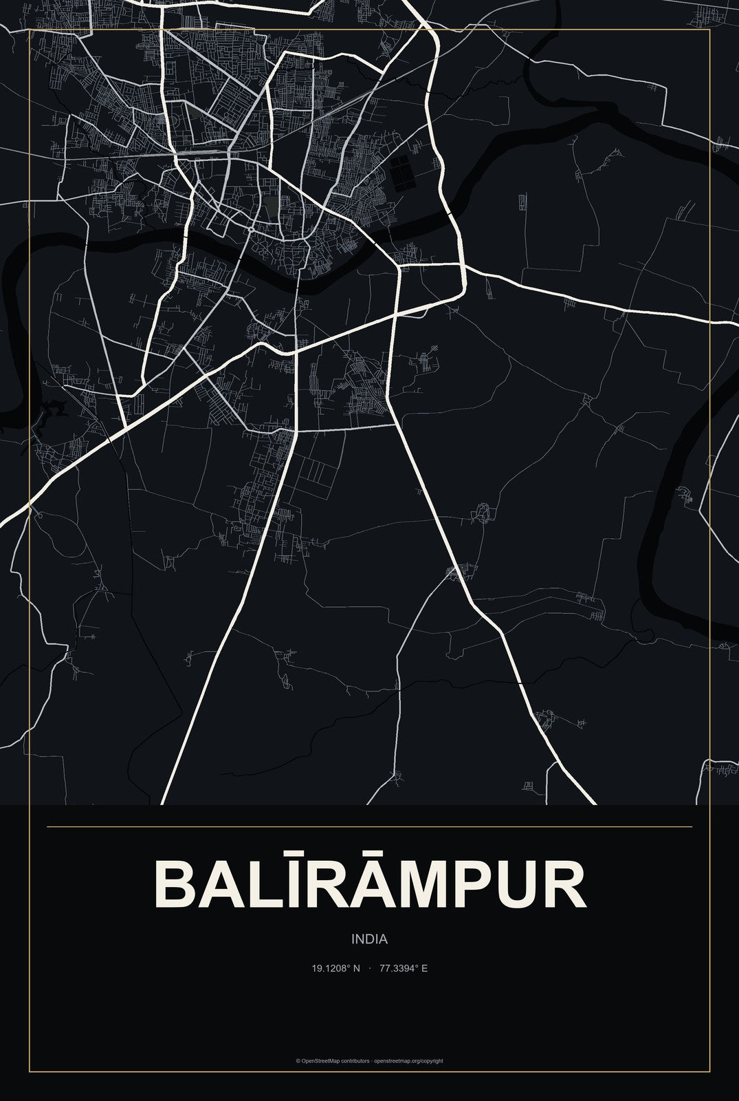Balīrāmpur, India City Map Aluminum Sign in Metropolitan Noir style