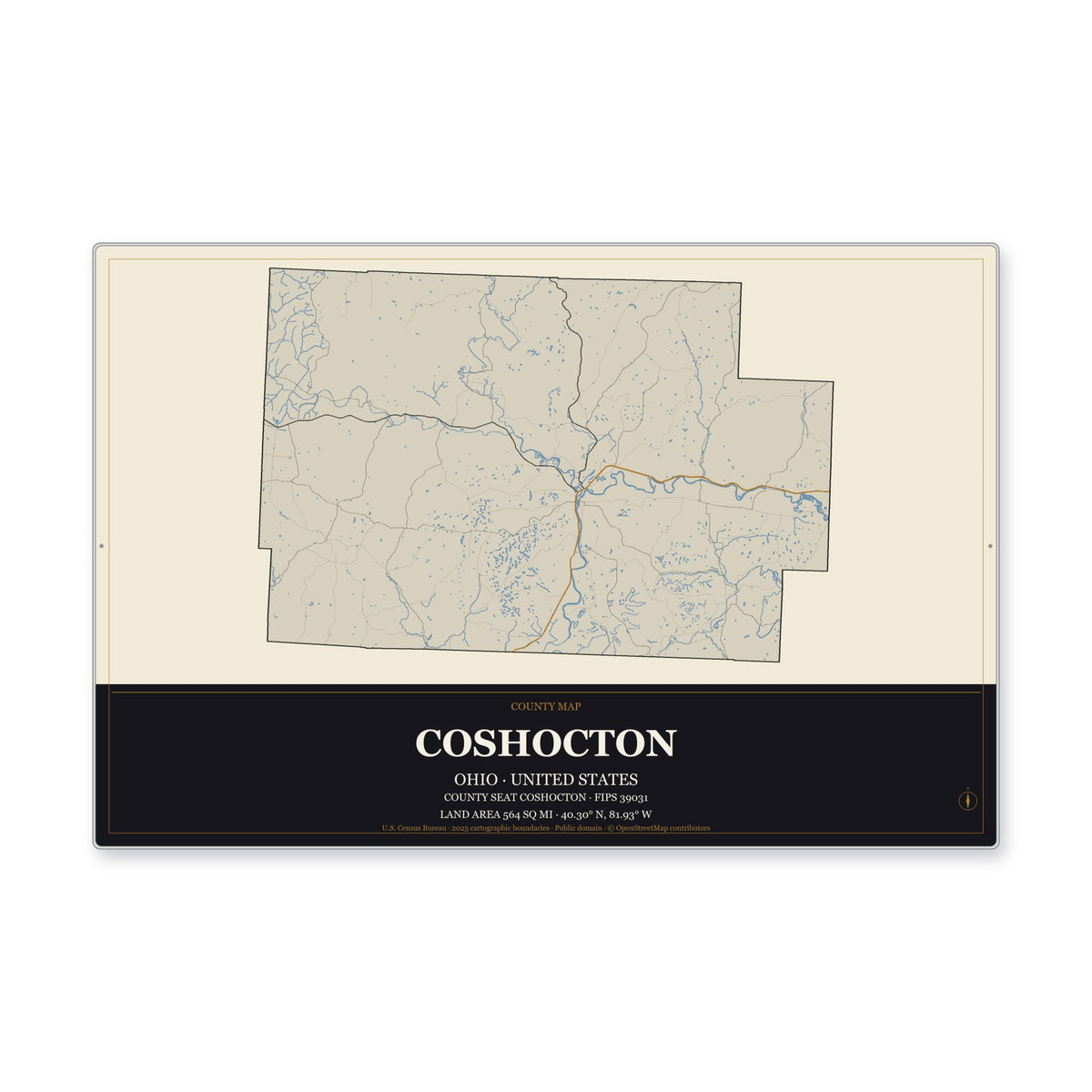 Coshocton County, Ohio Map Aluminum Sign in Museum Plaque style