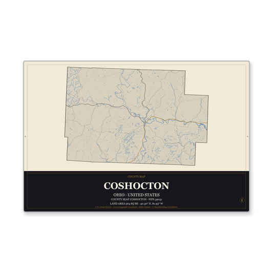 Coshocton County, Ohio Map Aluminum Sign in Museum Plaque style