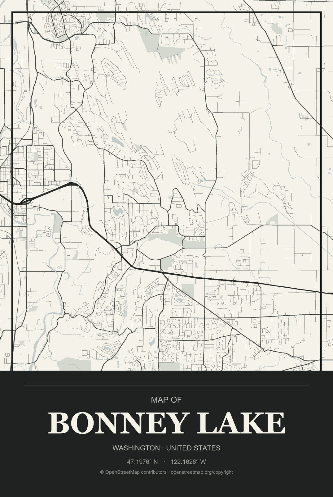 Bonney Lake, Washington City Map Aluminum Sign in Museum Plaque style