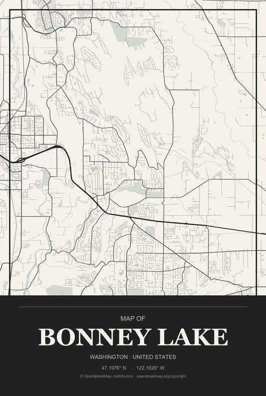 Bonney Lake, Washington City Map Aluminum Sign in Museum Plaque style