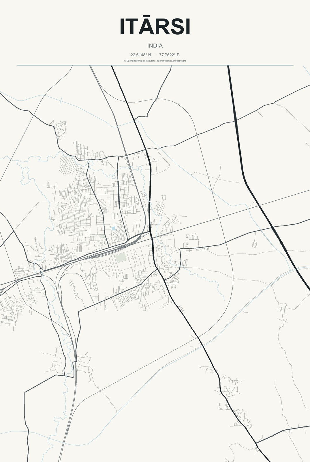 Itārsi, India City Map Aluminum Sign in Headline Atlas style