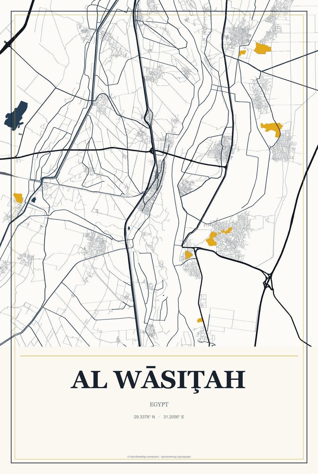 Al Wāsiţah, Egypt City Map Aluminum Sign in Citrine Modern style