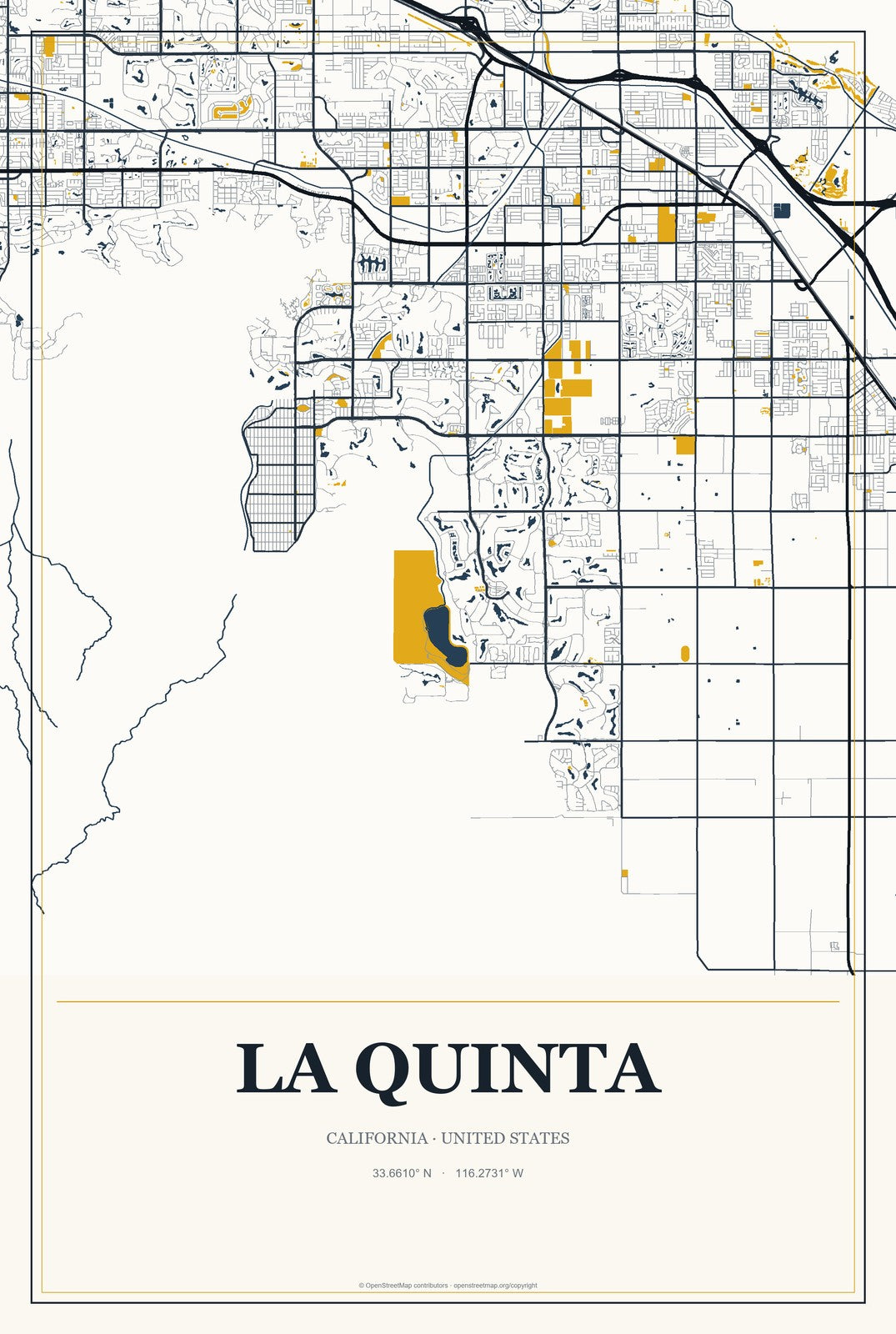 La Quinta, California City Map Aluminum Sign in Citrine Modern style