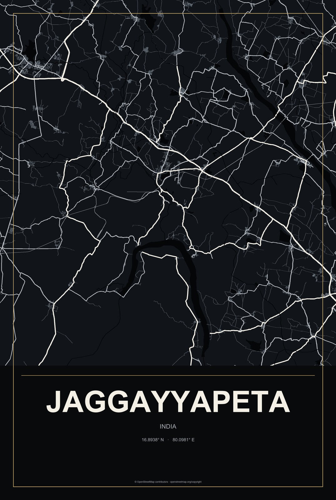 Jaggayyapeta, India City Map Aluminum Sign in Metropolitan Noir style