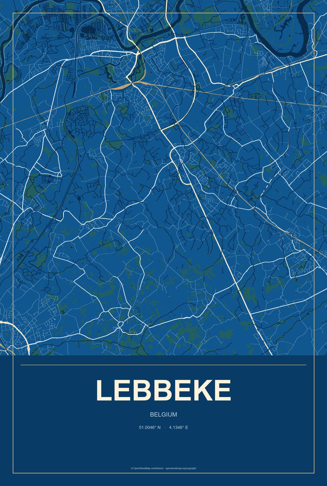 Lebbeke, Belgium City Map Aluminum Sign in Harbor Cobalt style