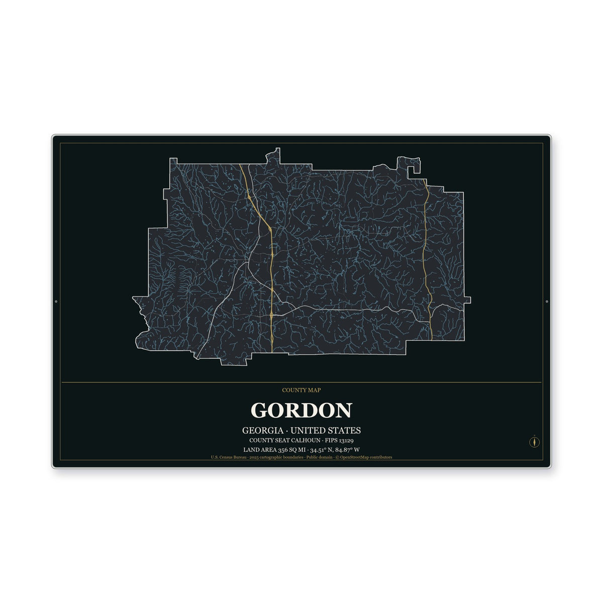 Gordon County, Georgia Map Aluminum Sign in Metropolitan Noir style