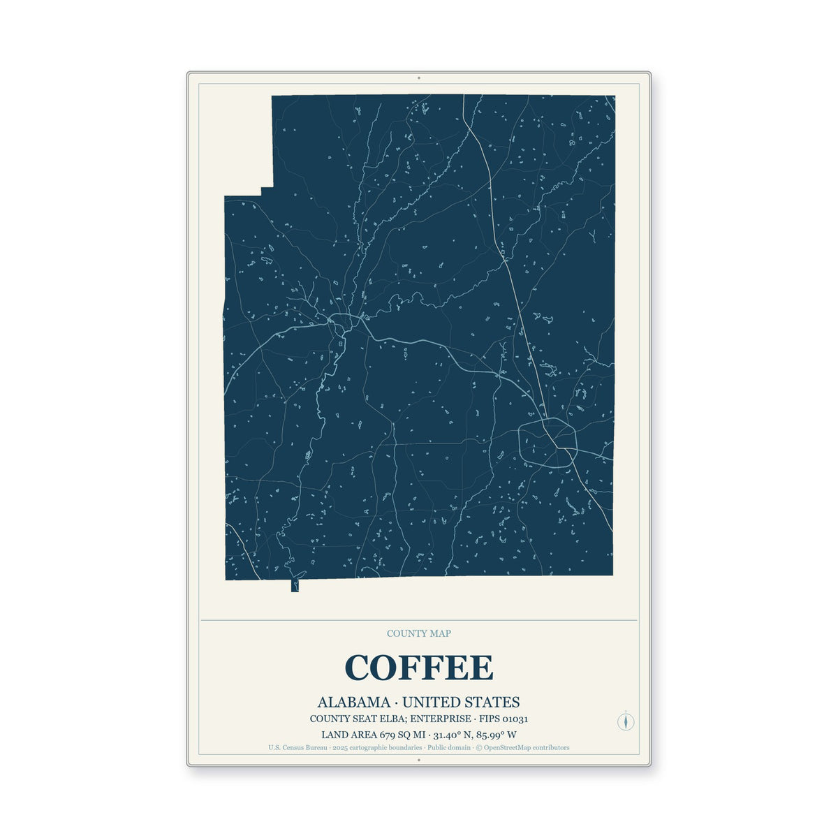 Coffee County, Alabama Map Aluminum Sign in Coastal Cutout style