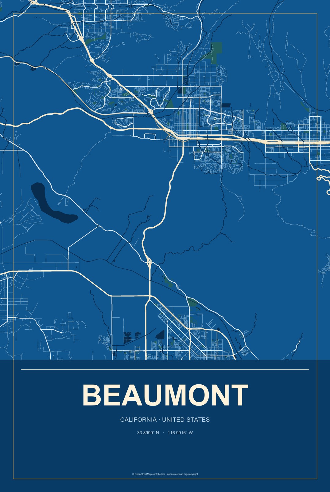 Beaumont, California City Map Aluminum Sign in Harbor Cobalt style