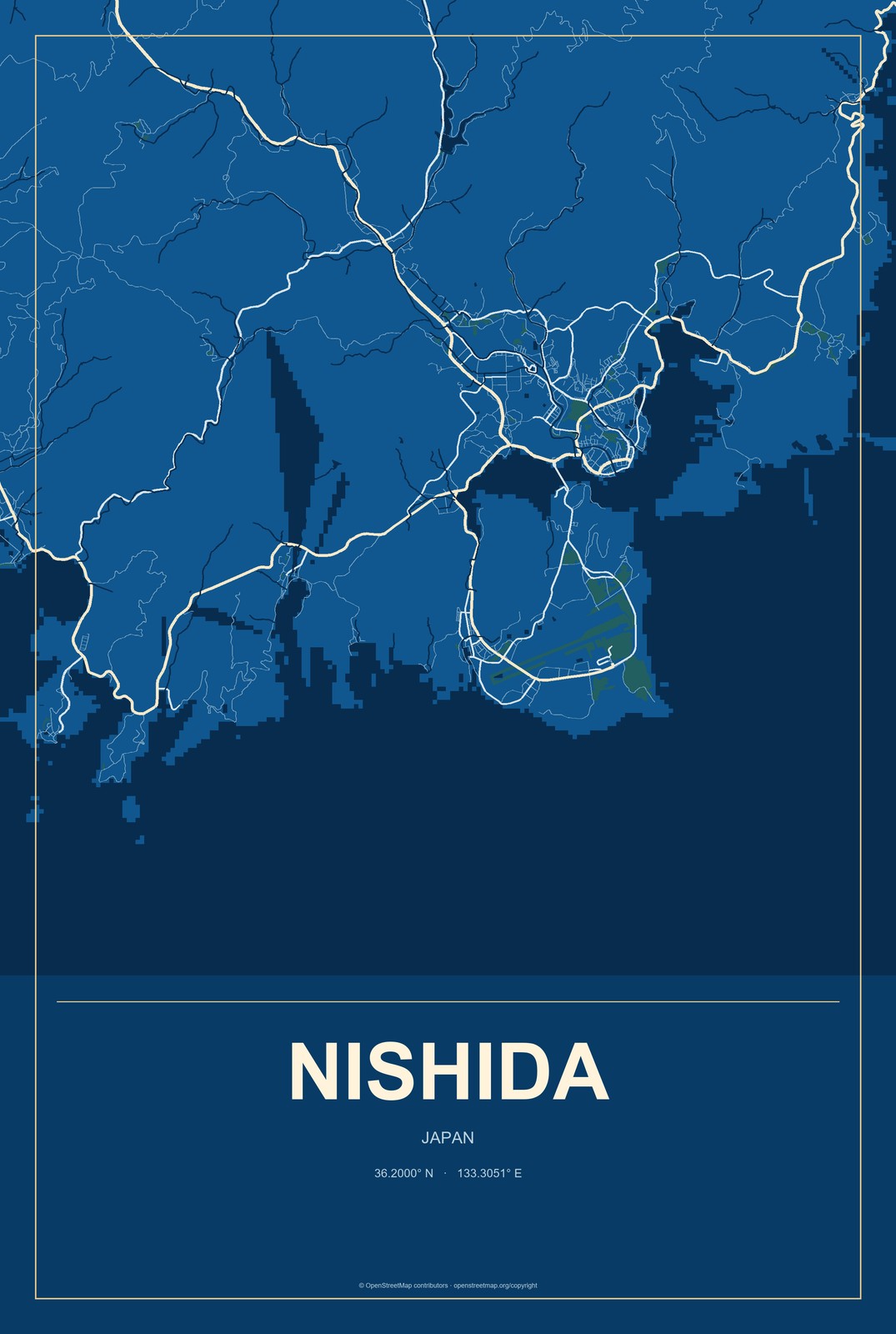 Nishida, Japan City Map Aluminum Sign in Harbor Cobalt style