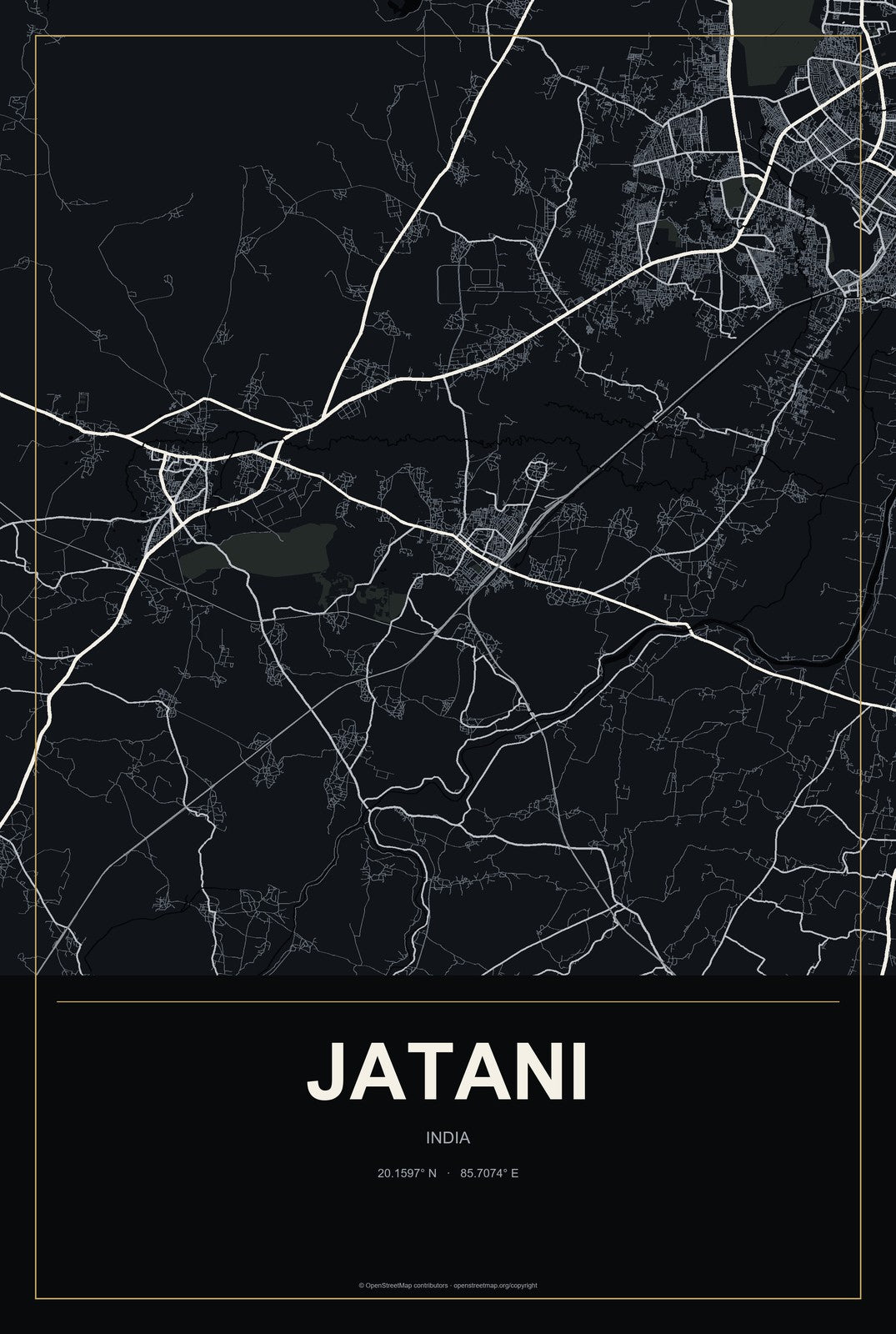 Jatani, India City Map Aluminum Sign in Metropolitan Noir style