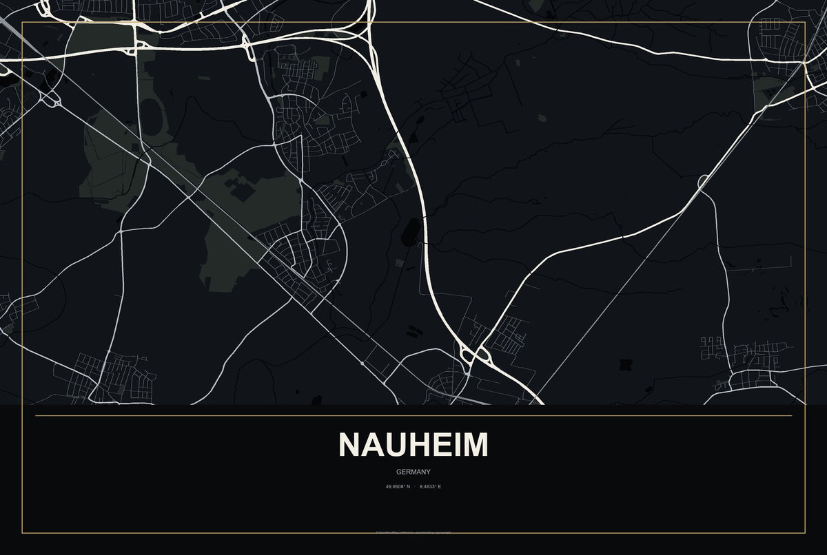 Nauheim, Germany City Map Aluminum Sign in Metropolitan Noir style