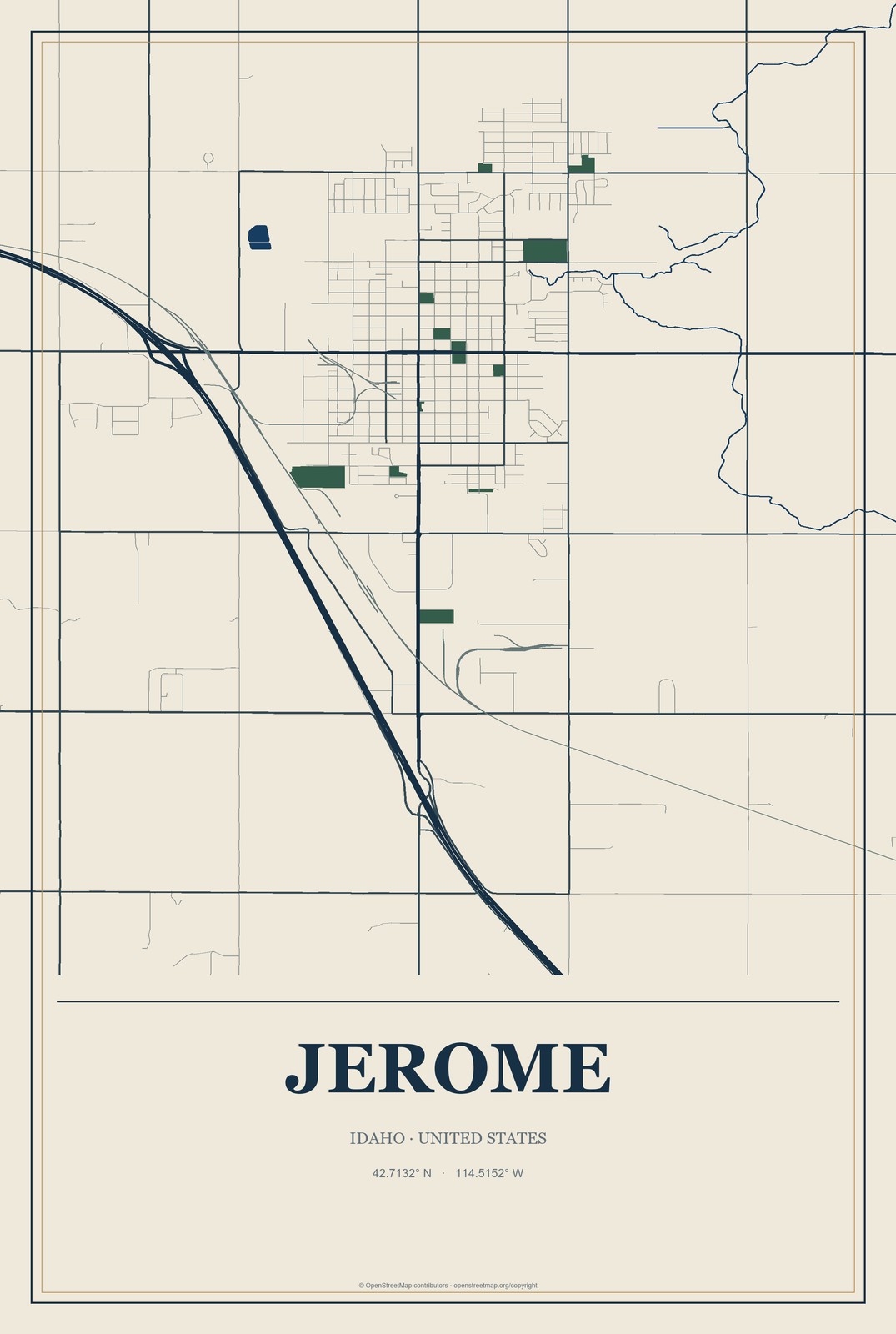 Jerome, Idaho City Map Aluminum Sign in Coastal Cutout style