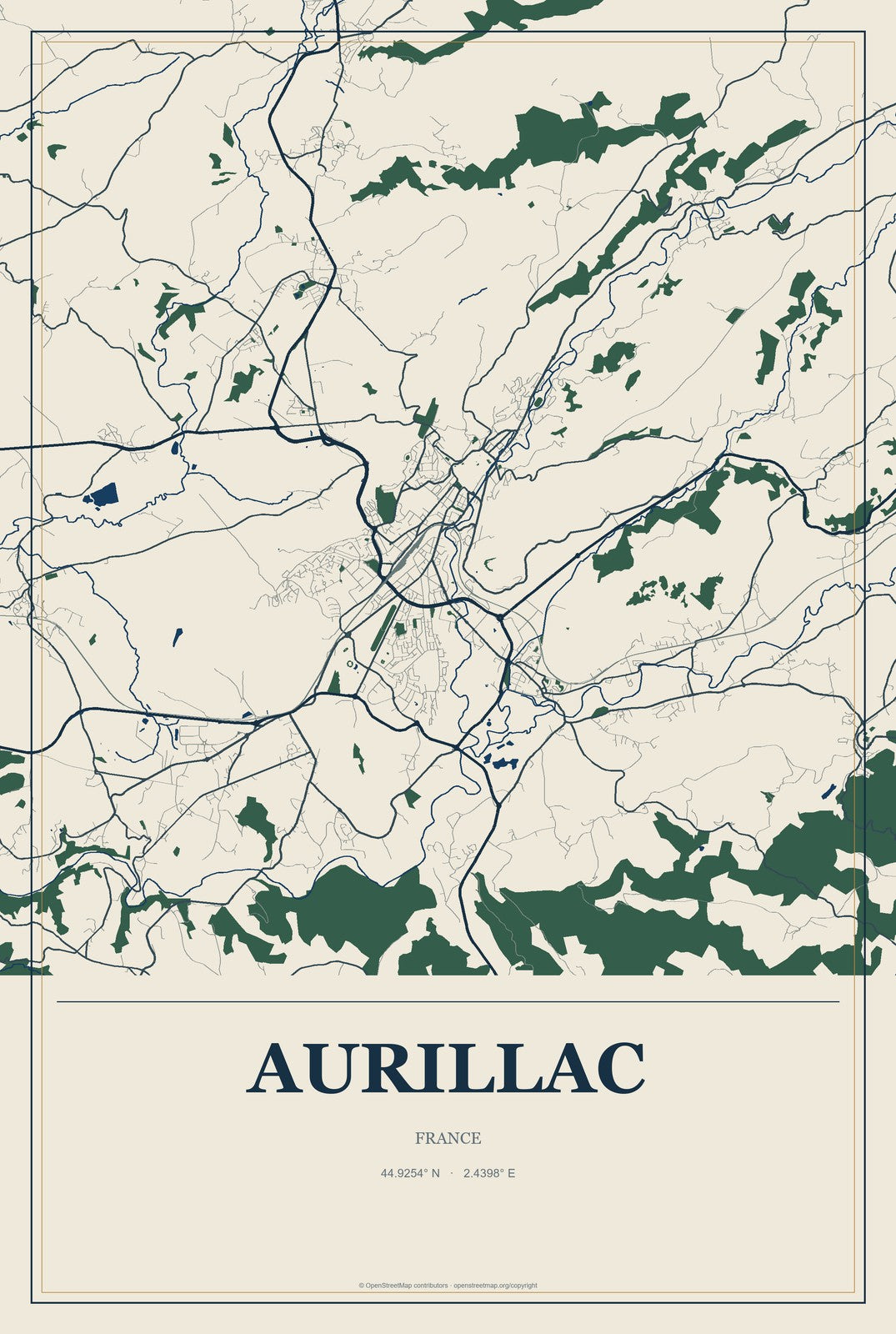 Aurillac, France City Map Aluminum Sign in Coastal Cutout style