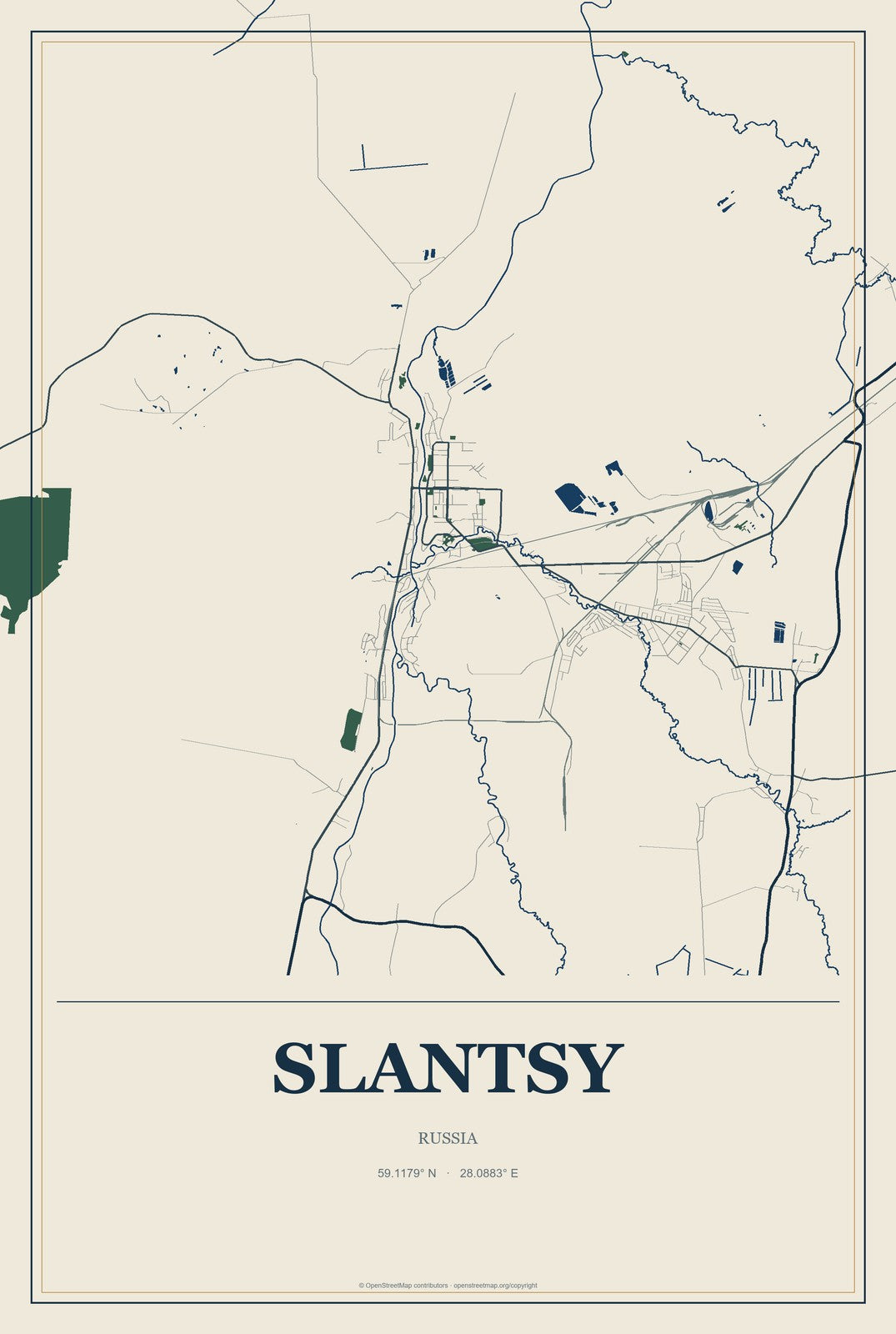 Slantsy, Russia City Map Aluminum Sign in Coastal Cutout style