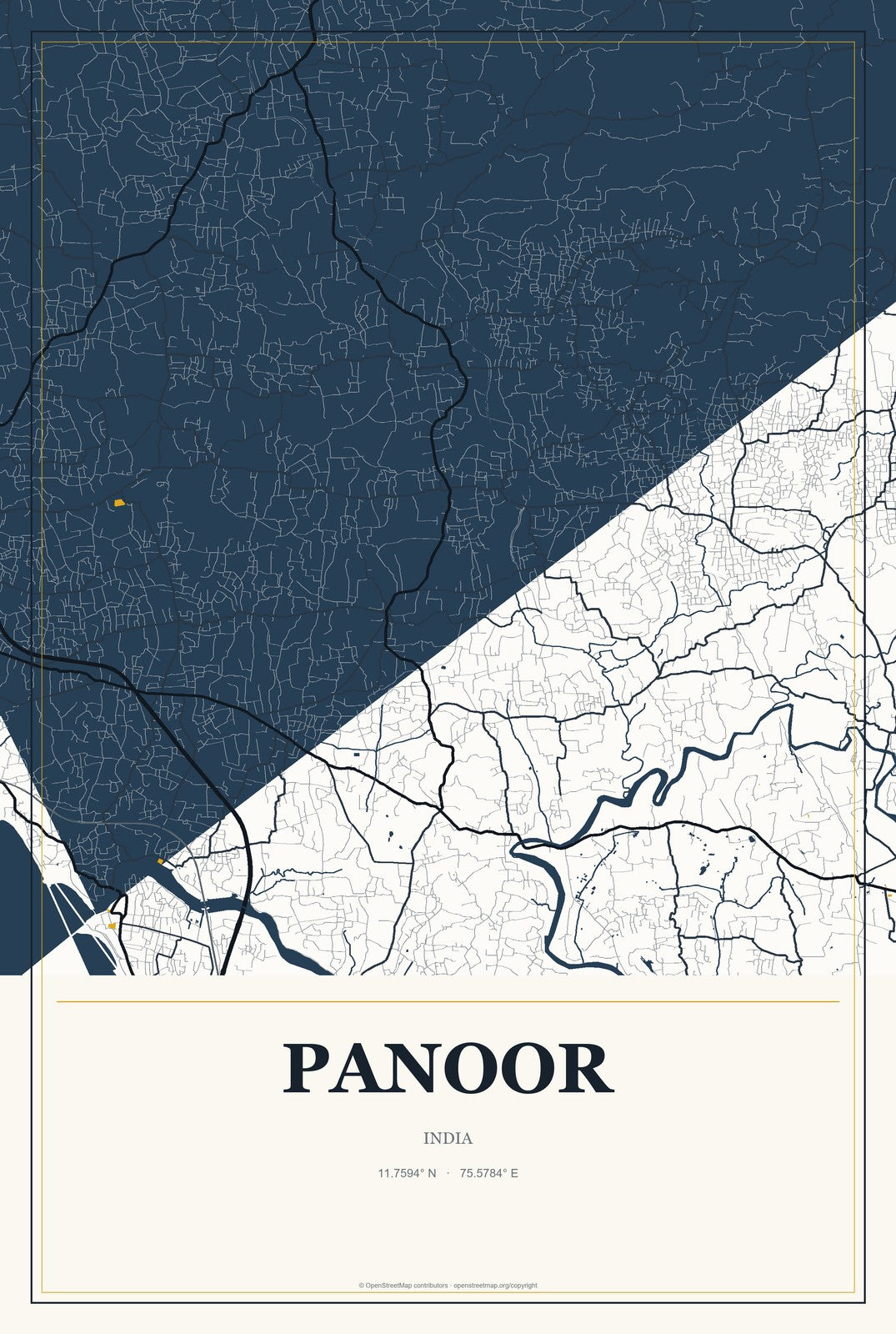Panoor, India City Map Aluminum Sign in Citrine Modern style