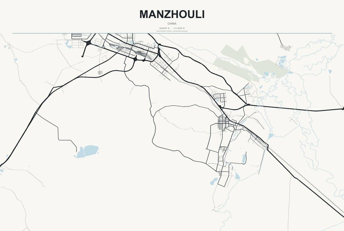 Manzhouli, China City Map Aluminum Sign in Headline Atlas style