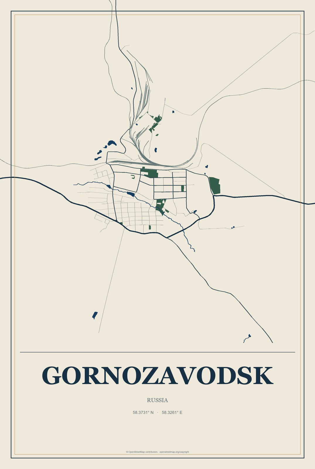Gornozavodsk, Russia City Map Aluminum Sign in Coastal Cutout style