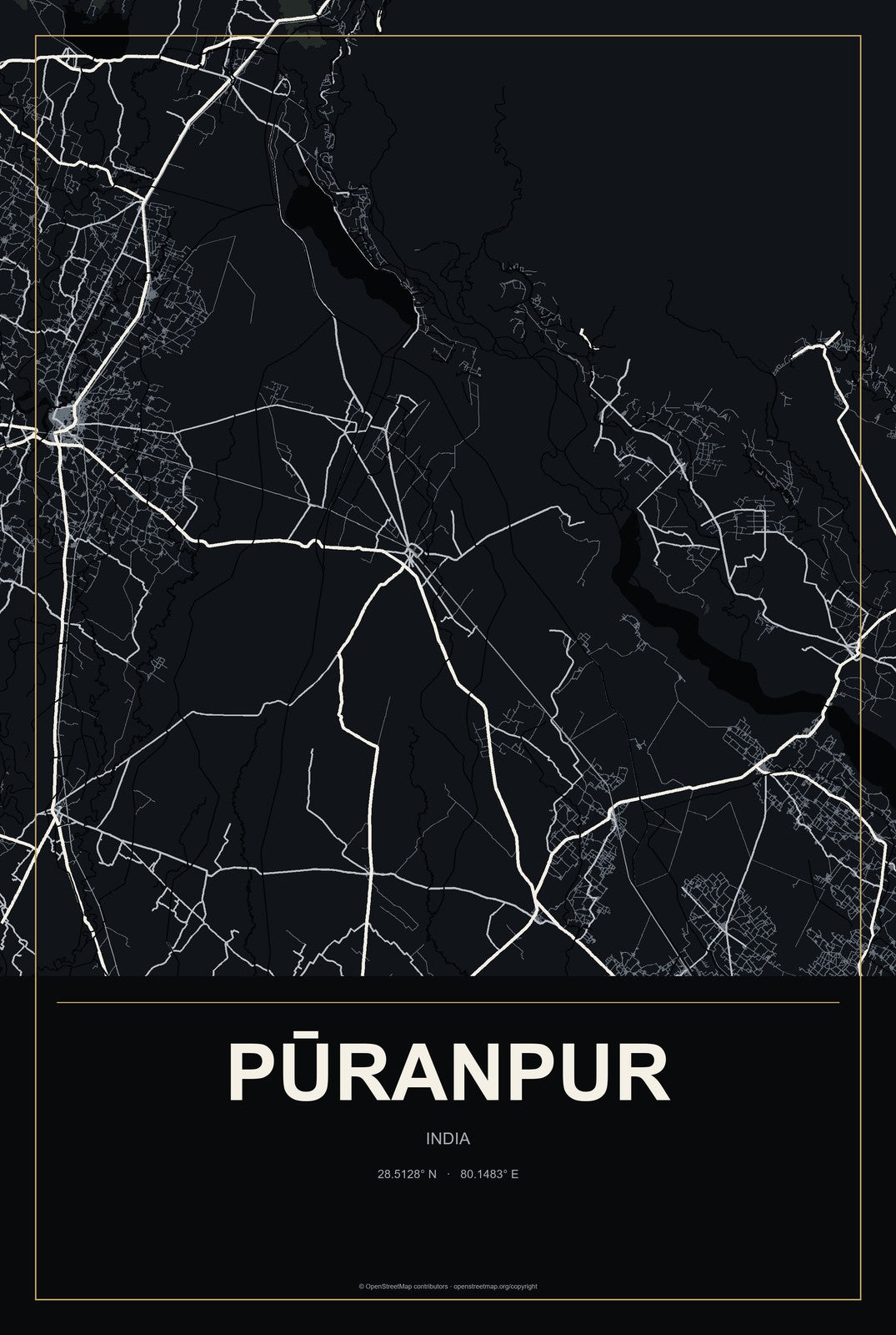 Pūranpur, India City Map Aluminum Sign in Metropolitan Noir style