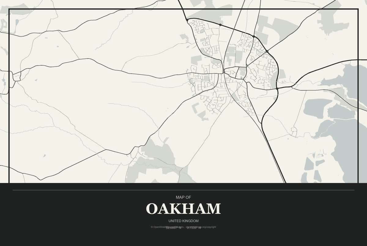Oakham, United Kingdom City Map Aluminum Sign in Museum Plaque style