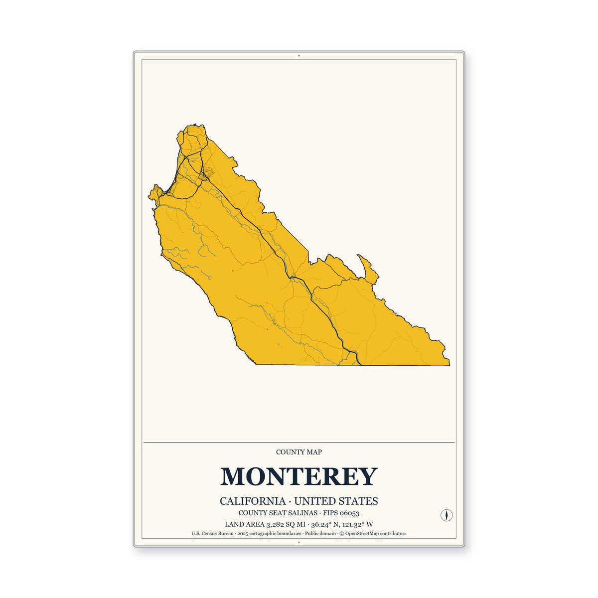 Monterey County, California Map Aluminum Sign in Citrine Modern style