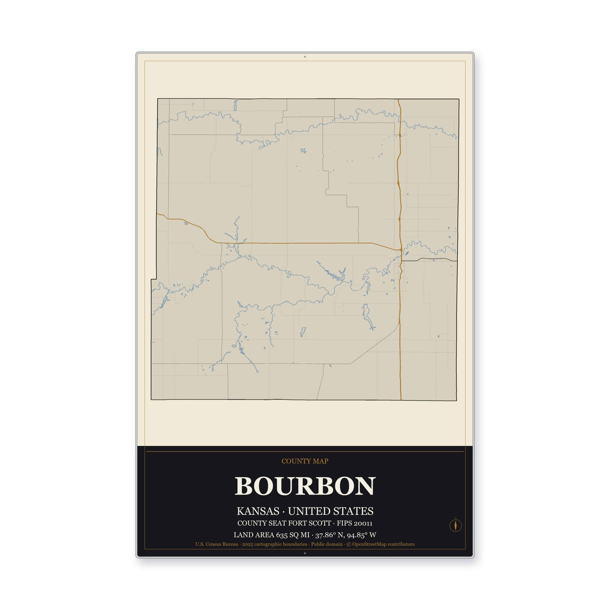 Bourbon County, Kansas Map Aluminum Sign in Museum Plaque style