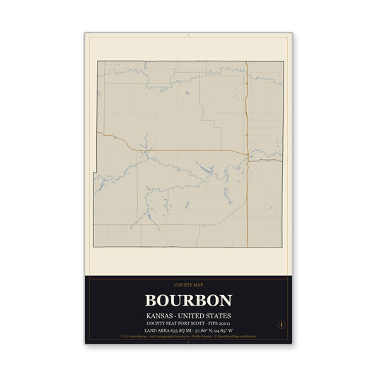 Bourbon County, Kansas Map Aluminum Sign in Museum Plaque style