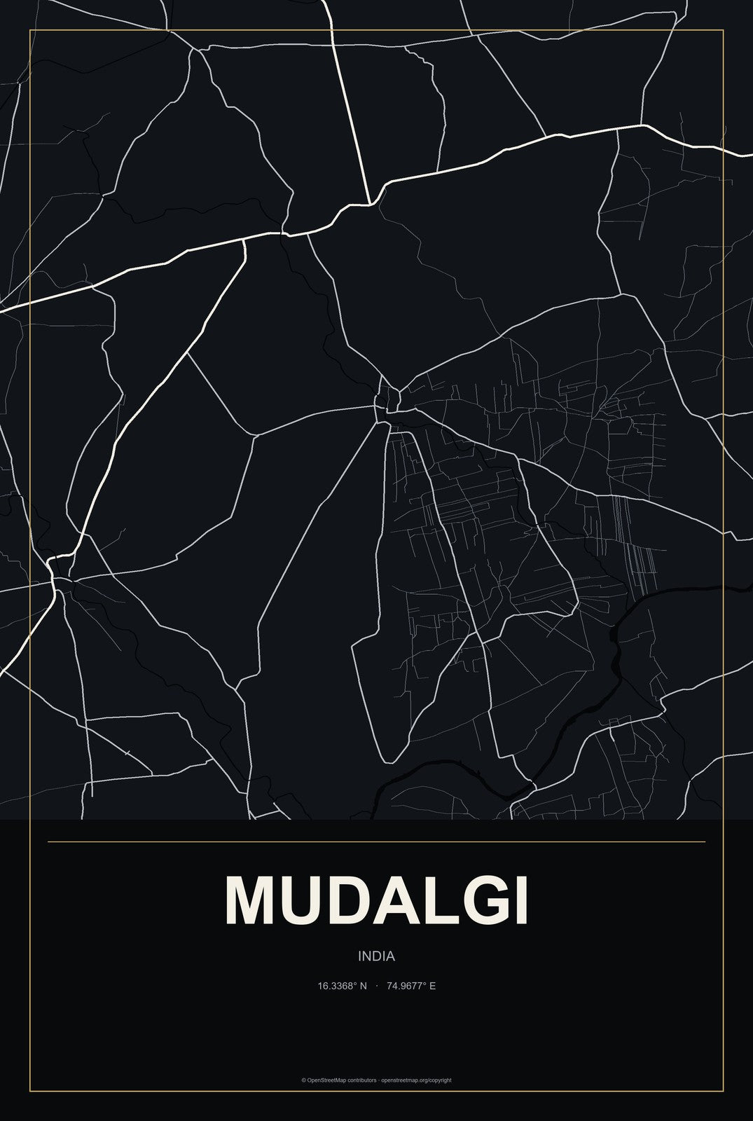 Mudalgi, India City Map Aluminum Sign in Metropolitan Noir style