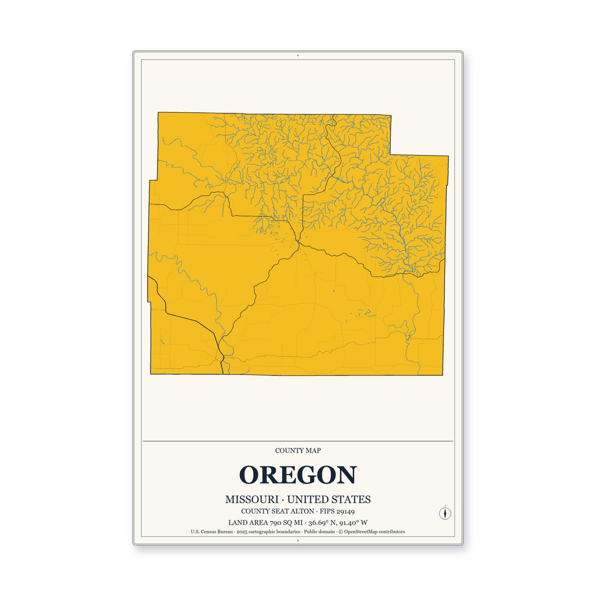 Oregon County, Missouri Map Aluminum Sign in Citrine Modern style