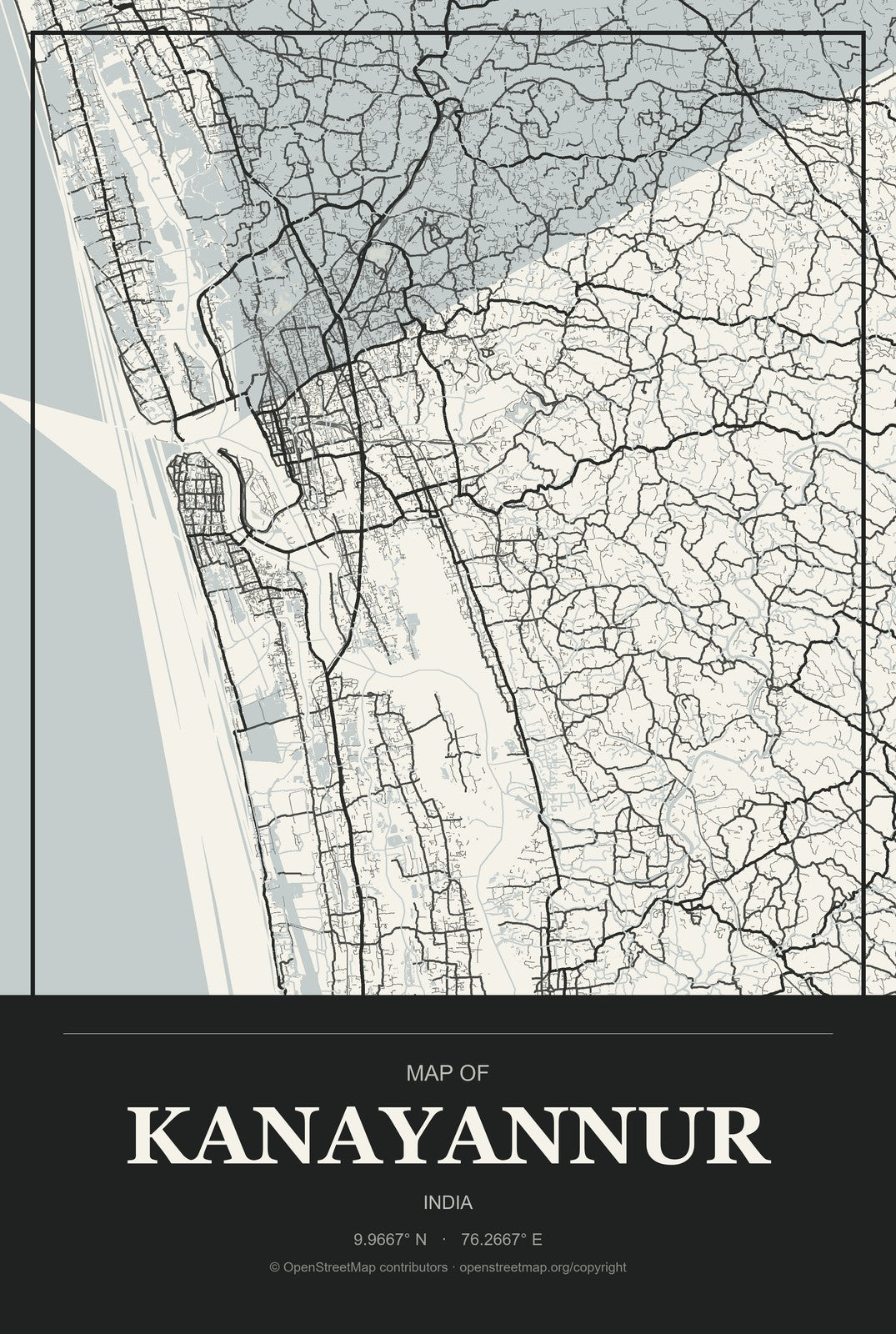 Kanayannur, India City Map Aluminum Sign in Museum Plaque style