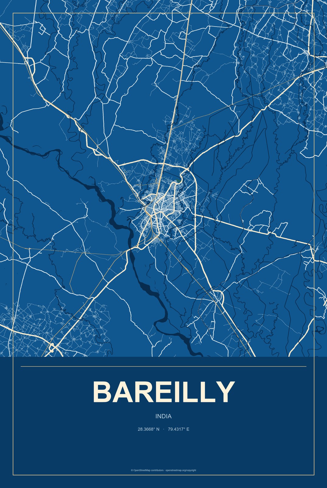 Bareilly, India City Map Aluminum Sign in Harbor Cobalt style