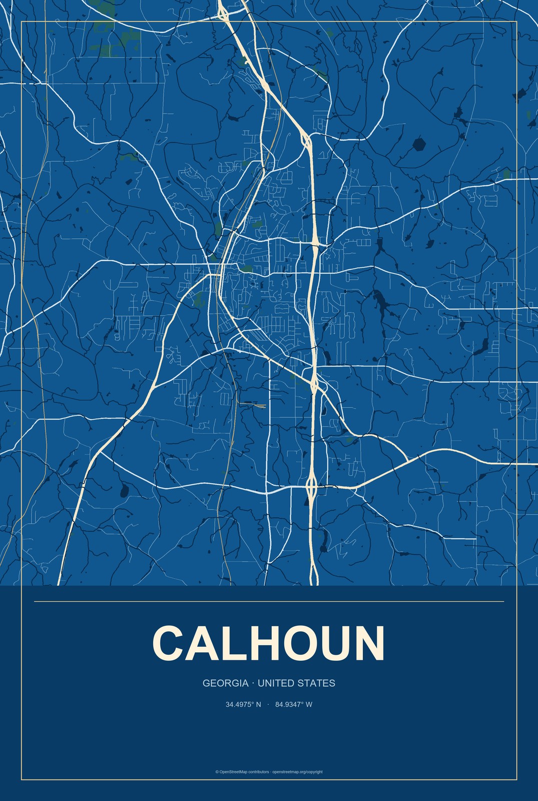 Calhoun, Georgia City Map Aluminum Sign in Harbor Cobalt style