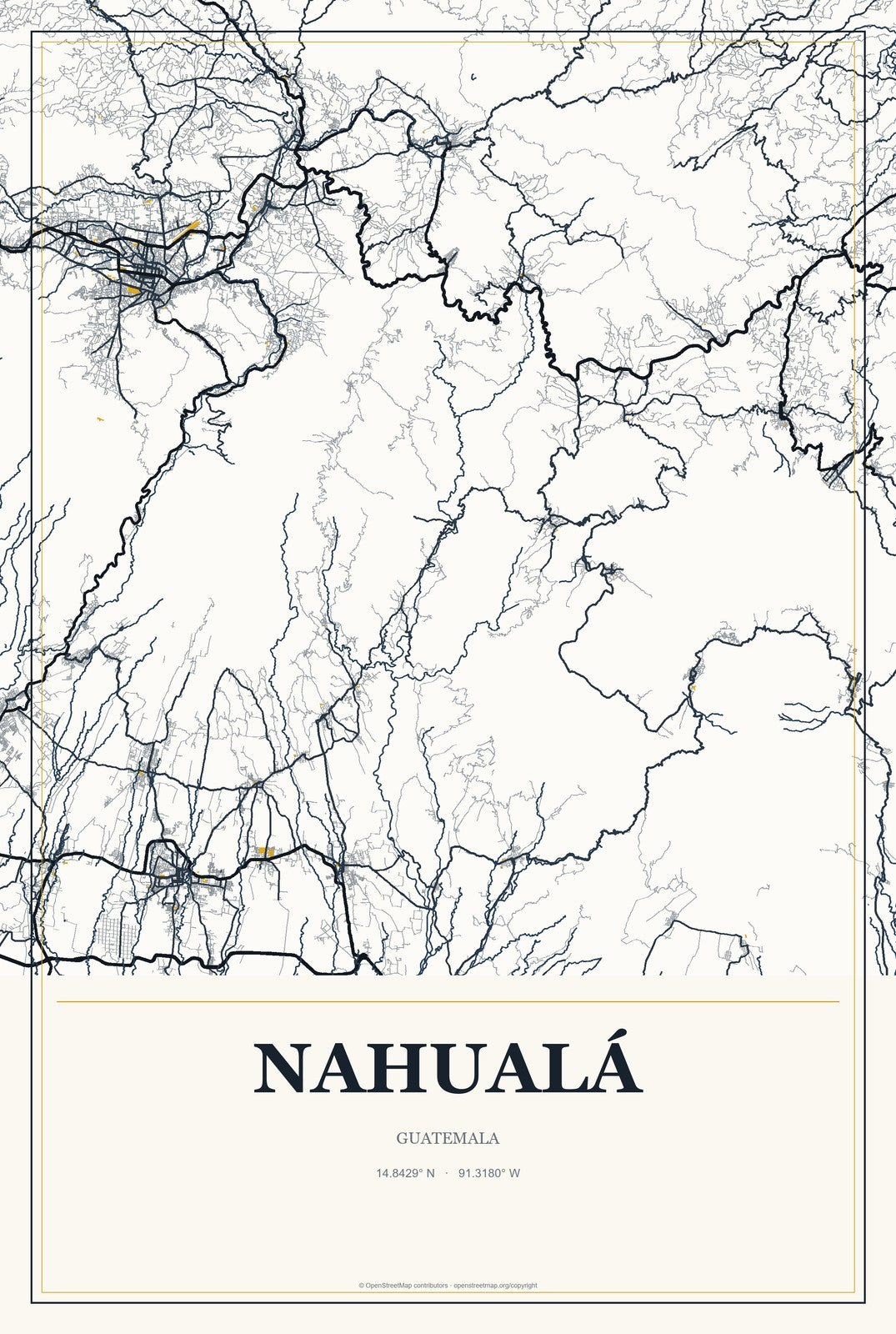 Nahualá, Guatemala City Map Aluminum Sign in Citrine Modern style