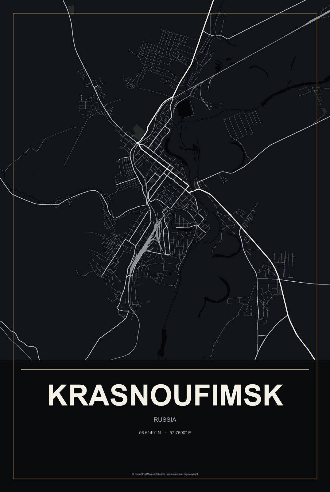 Krasnoufimsk, Russia City Map Aluminum Sign in Metropolitan Noir style