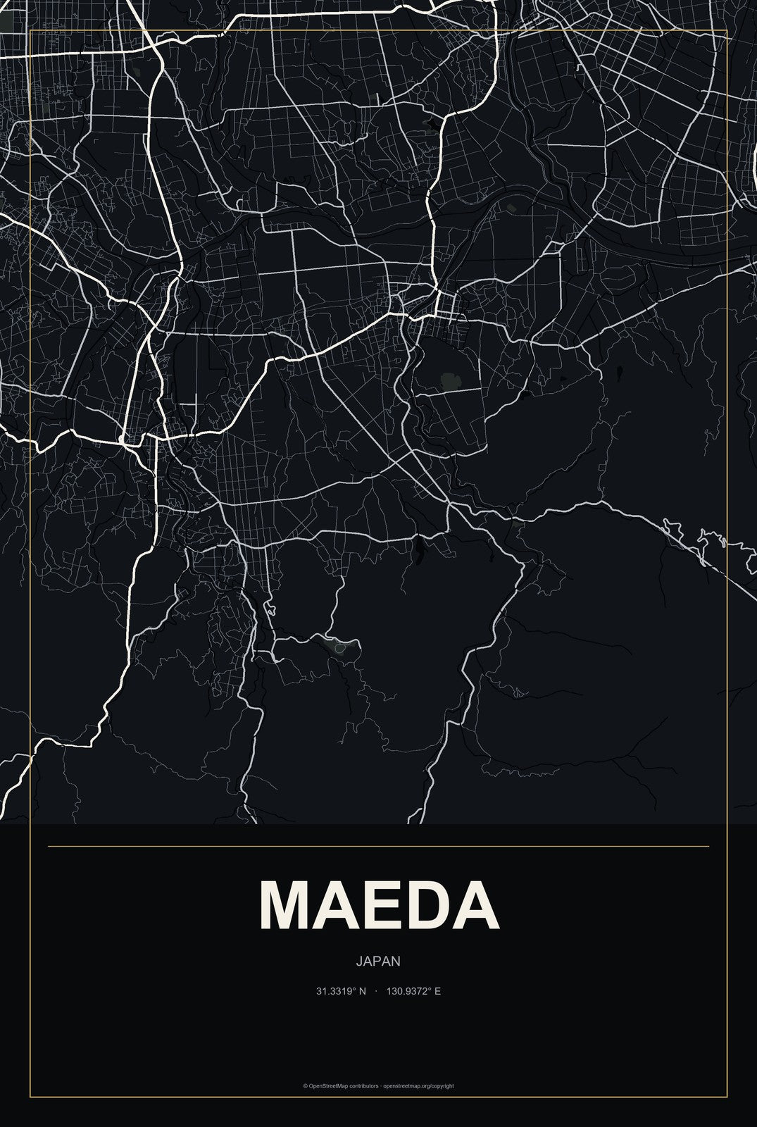 Maeda, Japan City Map Aluminum Sign in Metropolitan Noir style