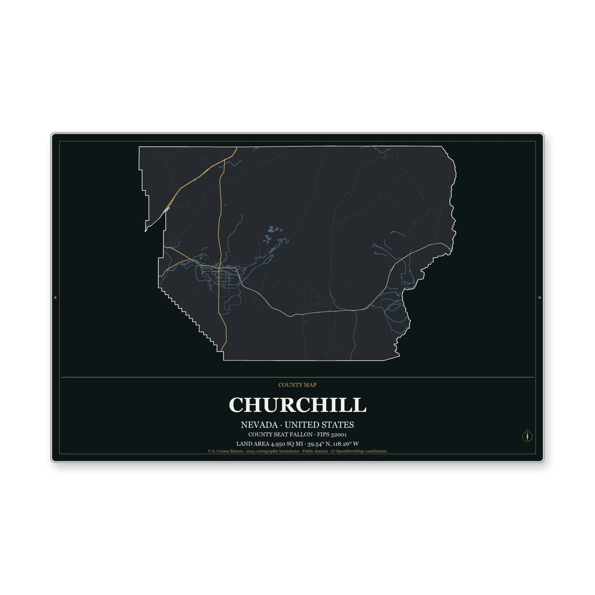 Churchill County, Nevada Map Aluminum Sign in Metropolitan Noir style