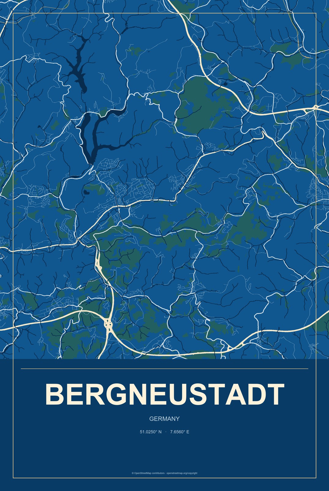 Bergneustadt, Germany City Map Aluminum Sign in Harbor Cobalt style