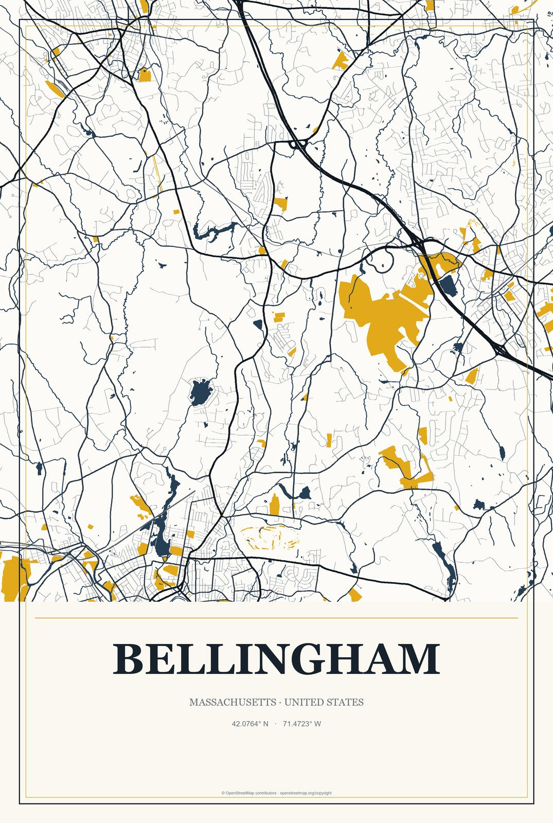 Bellingham, Massachusetts City Map Aluminum Sign in Citrine Modern style