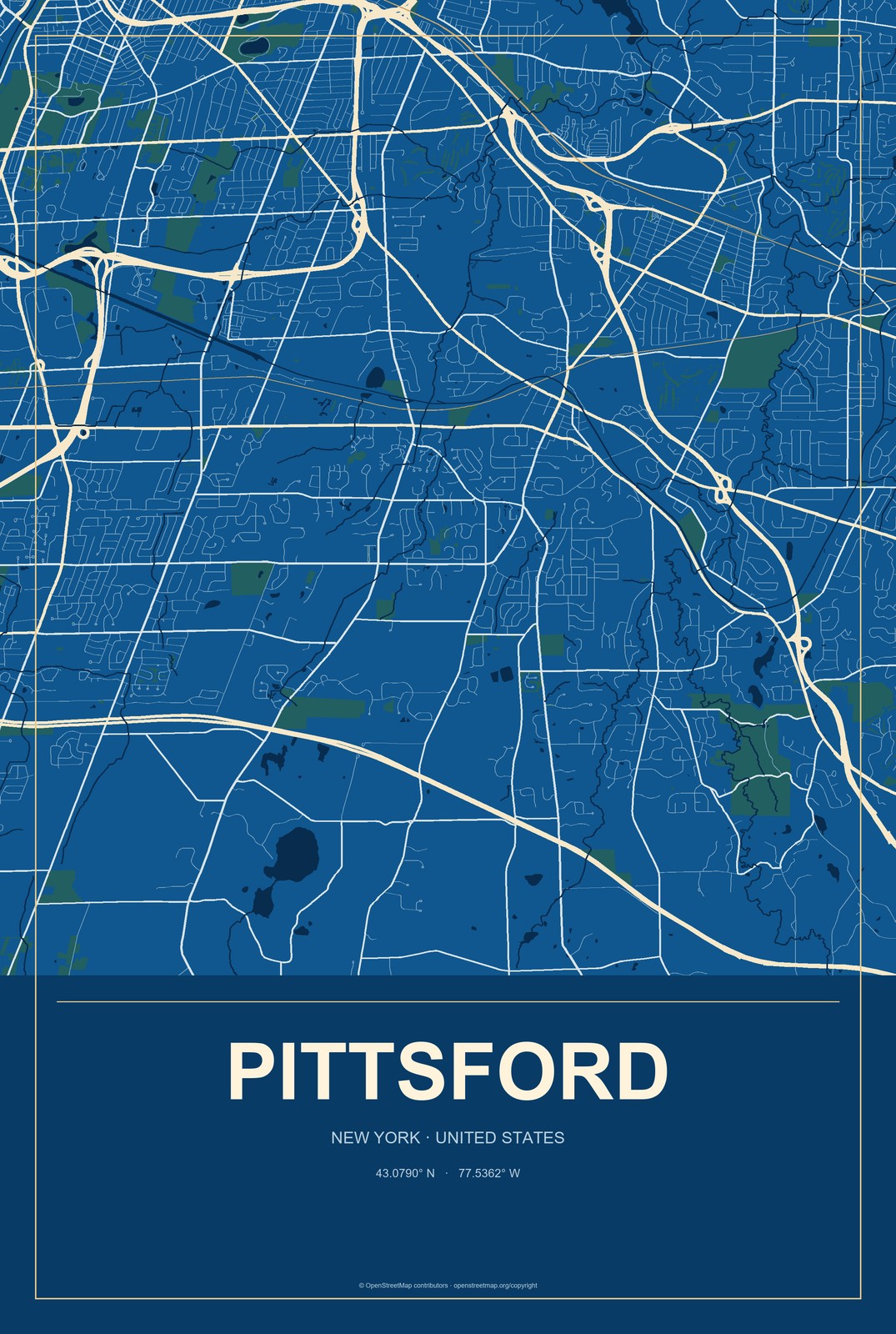 Pittsford, New York City Map Aluminum Sign in Harbor Cobalt style