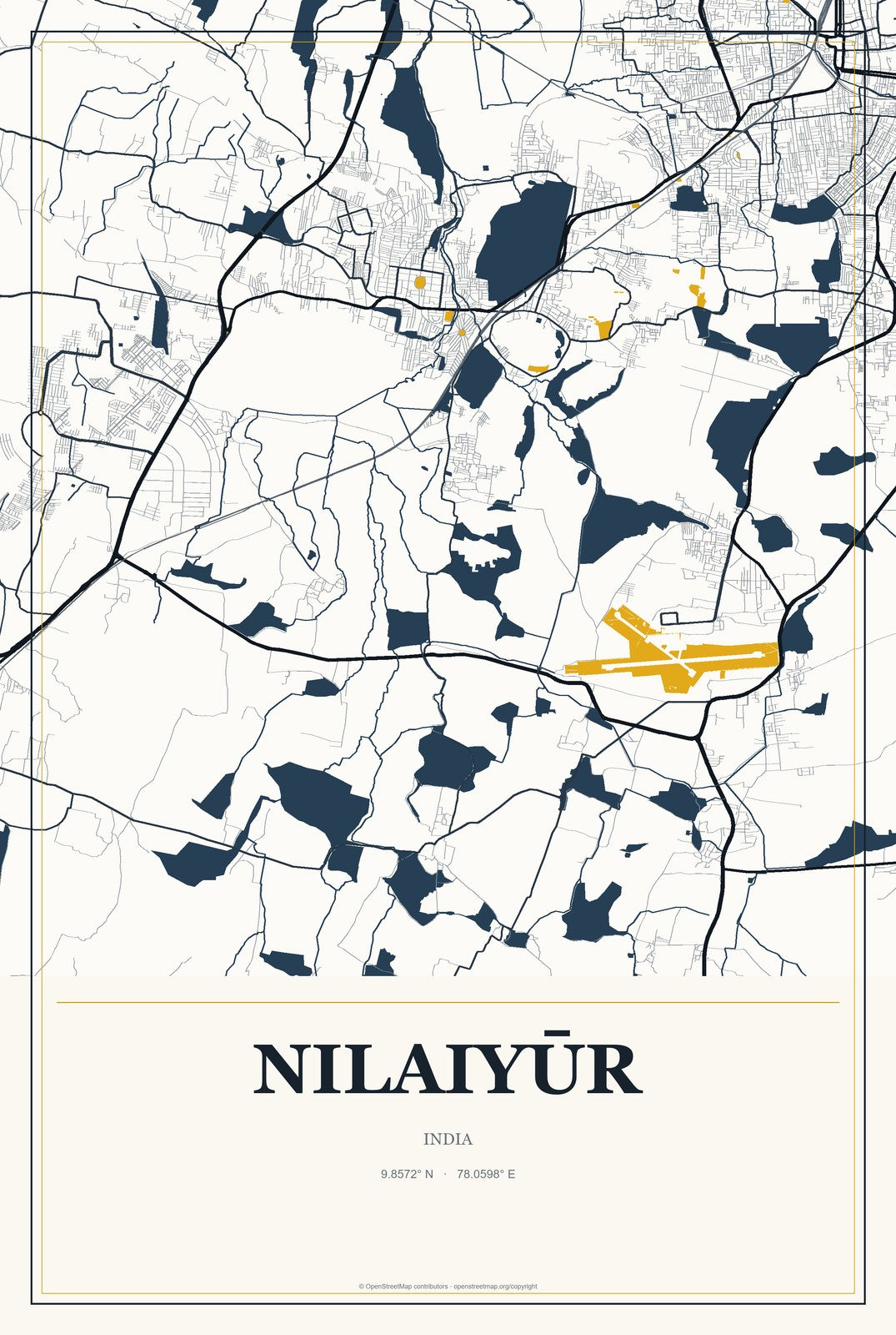 Nilaiyūr, India City Map Aluminum Sign in Citrine Modern style