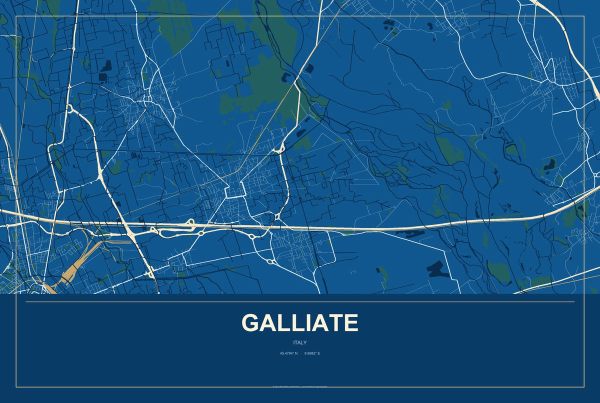 Galliate, Italy City Map Aluminum Sign in Harbor Cobalt style