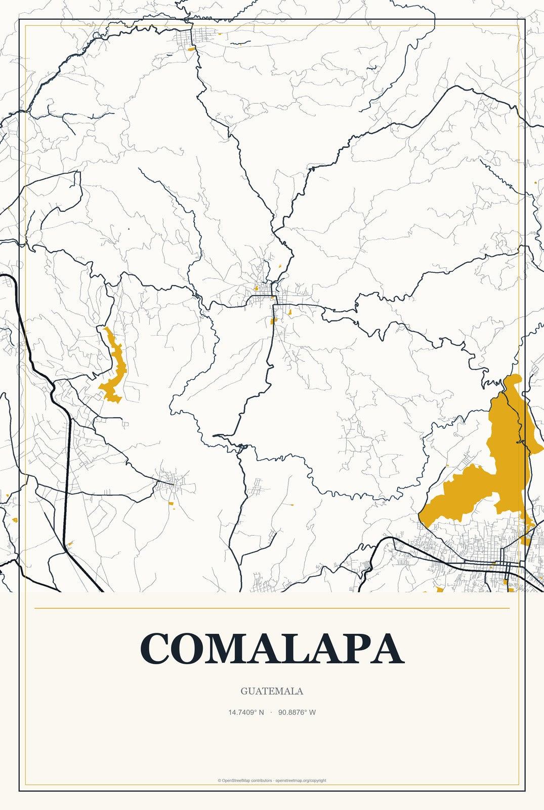 Comalapa, Guatemala City Map Aluminum Sign in Citrine Modern style