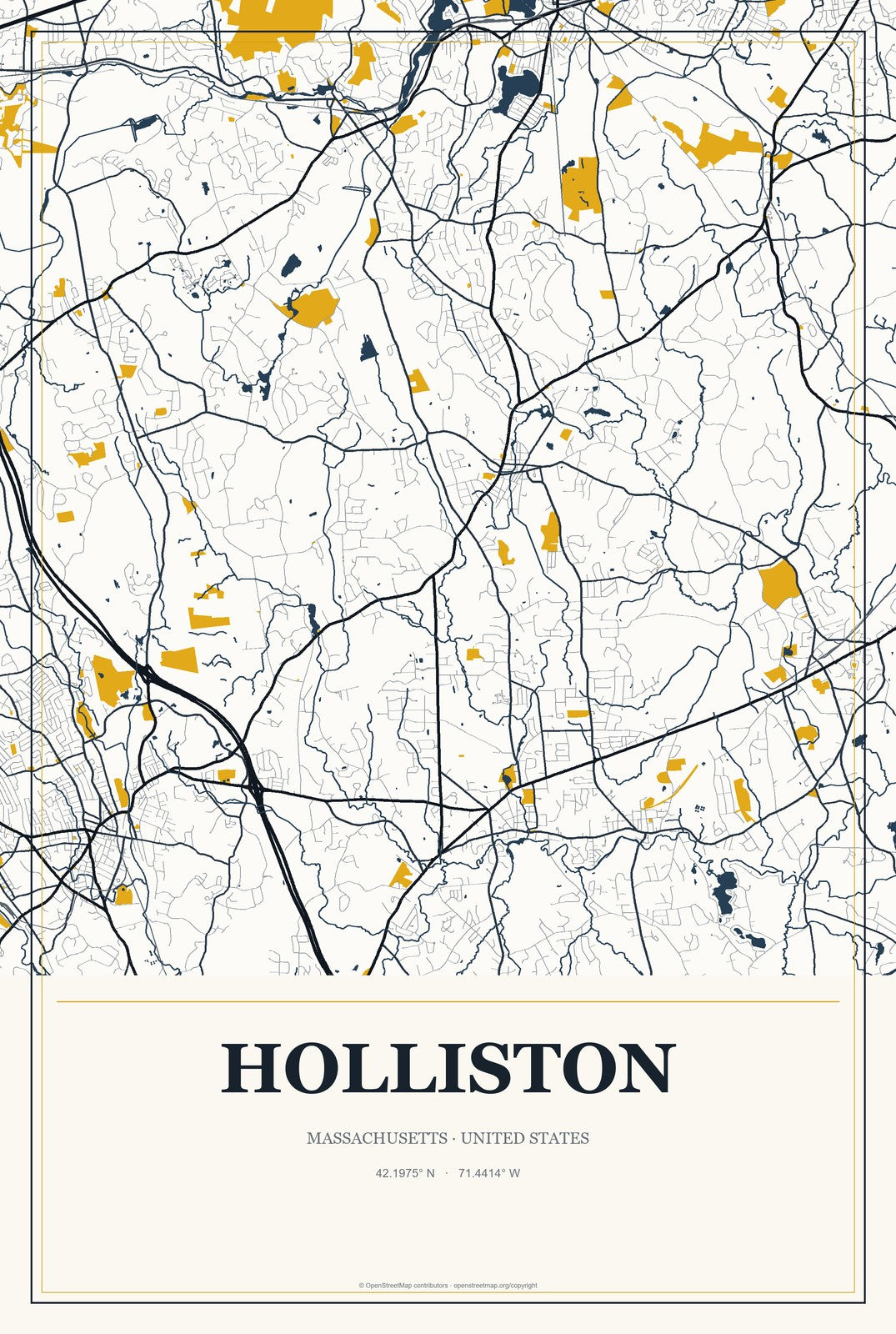 Holliston, Massachusetts City Map Aluminum Sign in Citrine Modern style